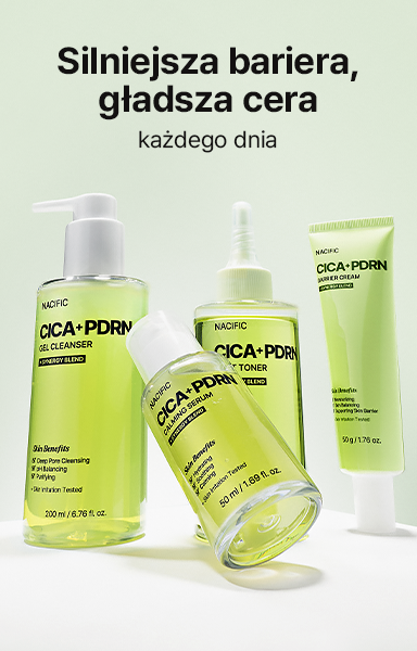 Cztery produkty do pielęgnacji w przezroczystych opakowaniach zielone w środku