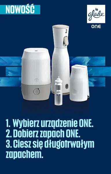 Urządzenia Glade One z wkładem zapachowym na granatowym tle i instrukcją wyboru urządzenia oraz zapachu.