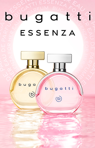 Dwa eleganckie flakony bugatti dla kobiet na różowym tle.