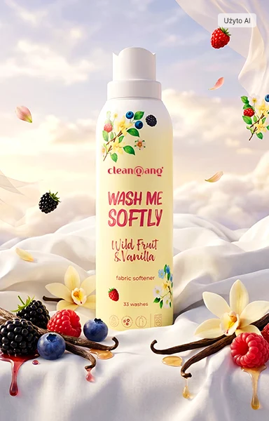 Płyn Cleangang do płukania tkanin z żółtą etykietą "Wild Fruit & Vanilla" na tle chmur, białego materiału, kwiatów i owoców