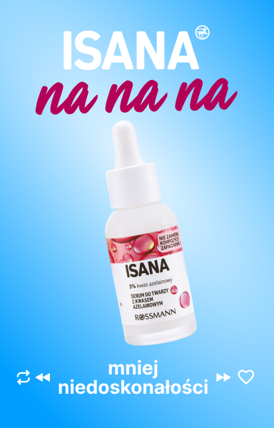 Serum do twarzy Isana z 3% kwasem azelainowym na niebieskim tle, hasło „mniej niedoskonałości”.